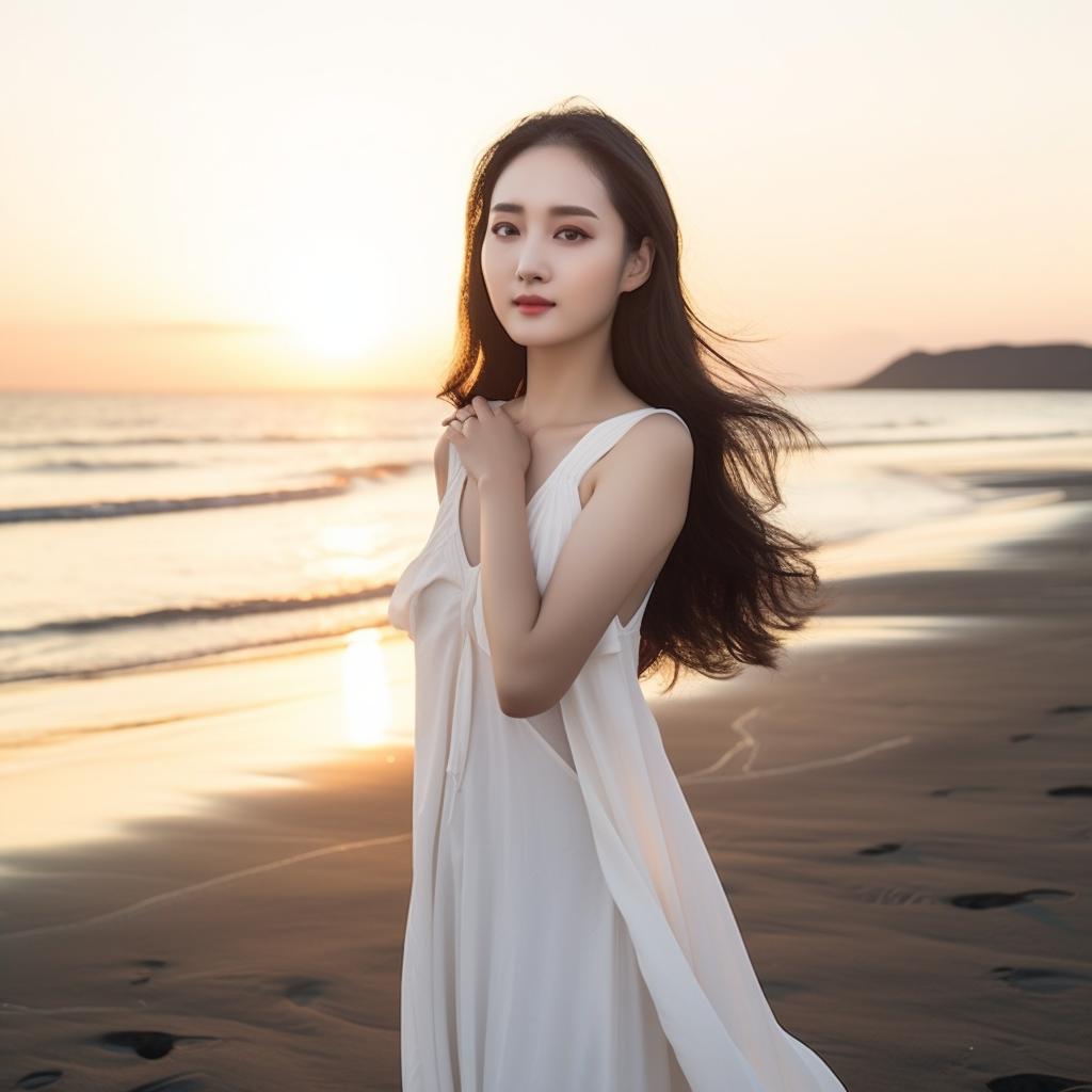 Midjourney 关键词（prompt）：21岁美女海边摆拍照