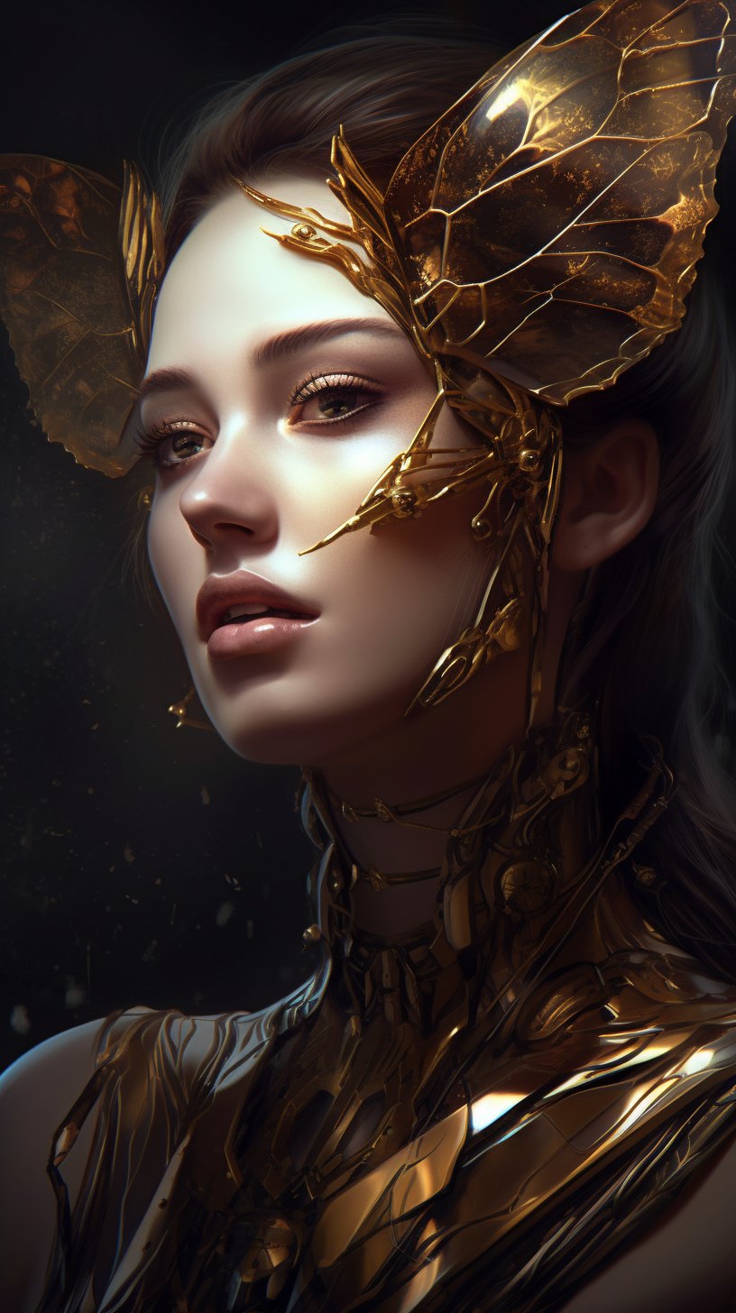 Midjourney 关键词 – portrait of beautiful cyborg with brown hair