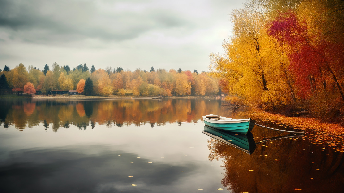 Midjourney提示词：宁静的湖，周围环绕着五颜六色的秋天树木