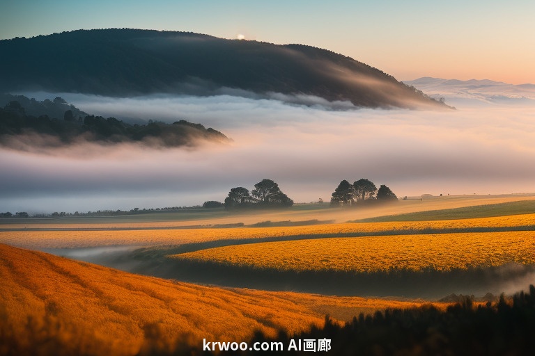 Stable Diffusion 自然摄影提示词：乡村雾蒙蒙的早晨