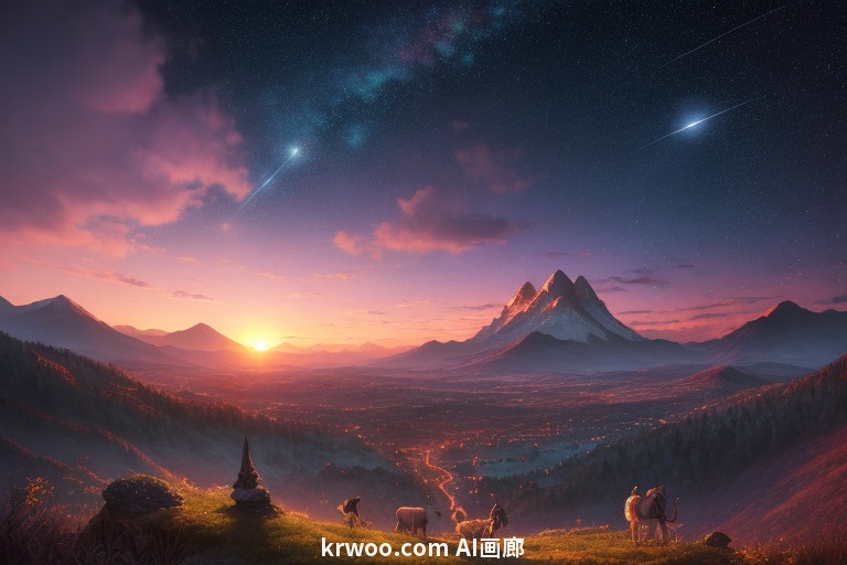 Stable Diffusion 风景插图提示词：日落，星星，山脉，仙境