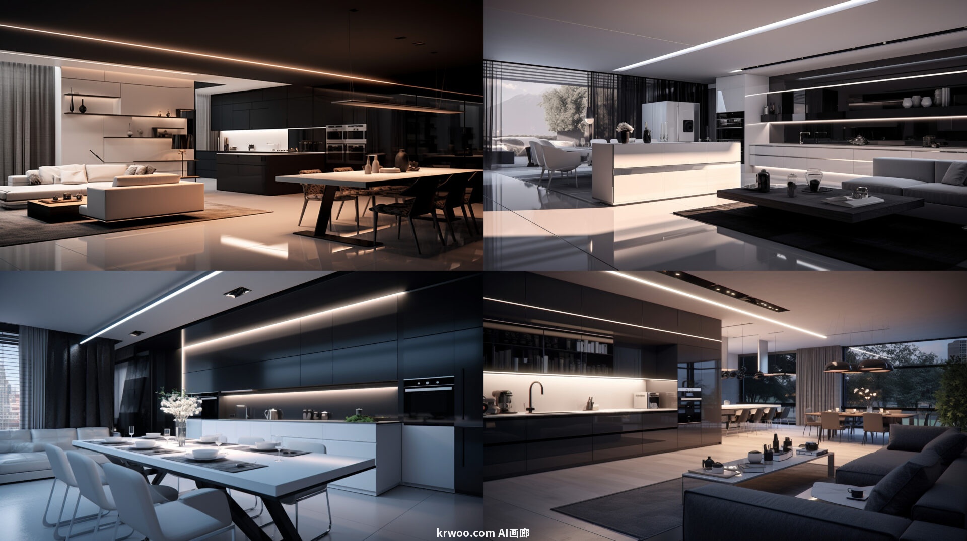 Midjourney 极简风格室内设计提示词：客厅和现代厨房融为一体