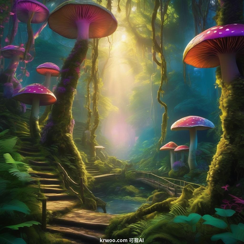 AI 绘画奇幻艺术提示词：神秘的森林场景，装饰着发光的蘑菇和奇幻元素