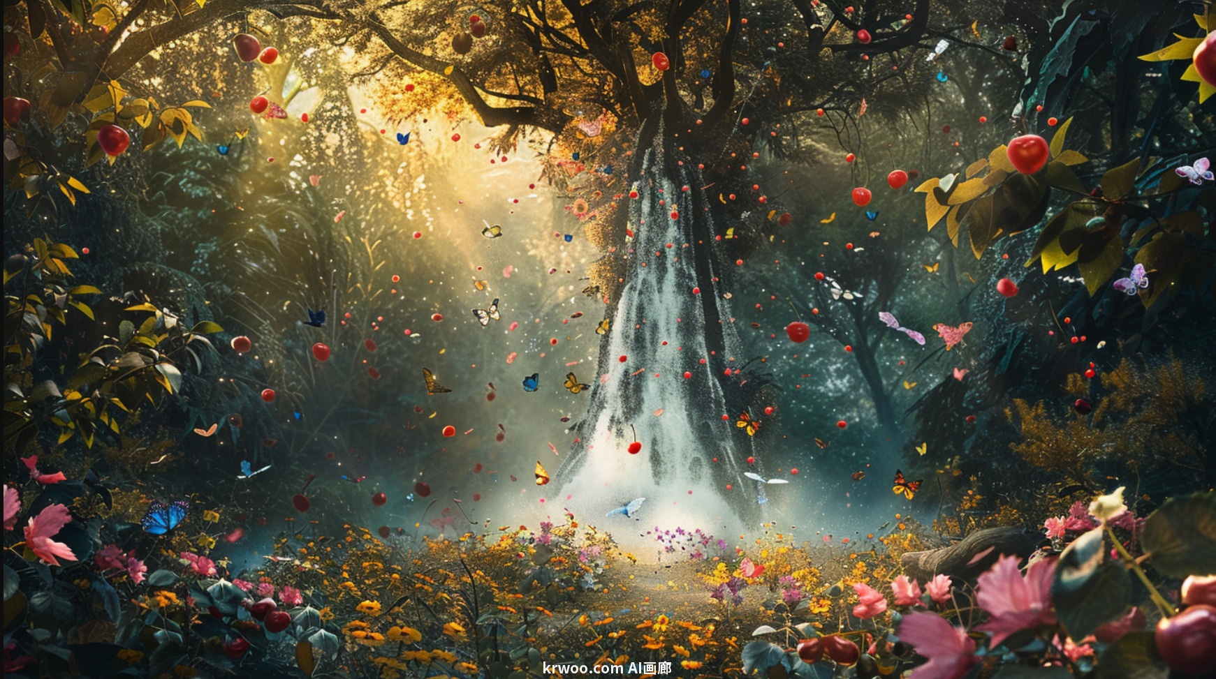 Midjourney 超现实提示词，超现实的梦幻森林，充满瀑布、鲜花、蝴蝶