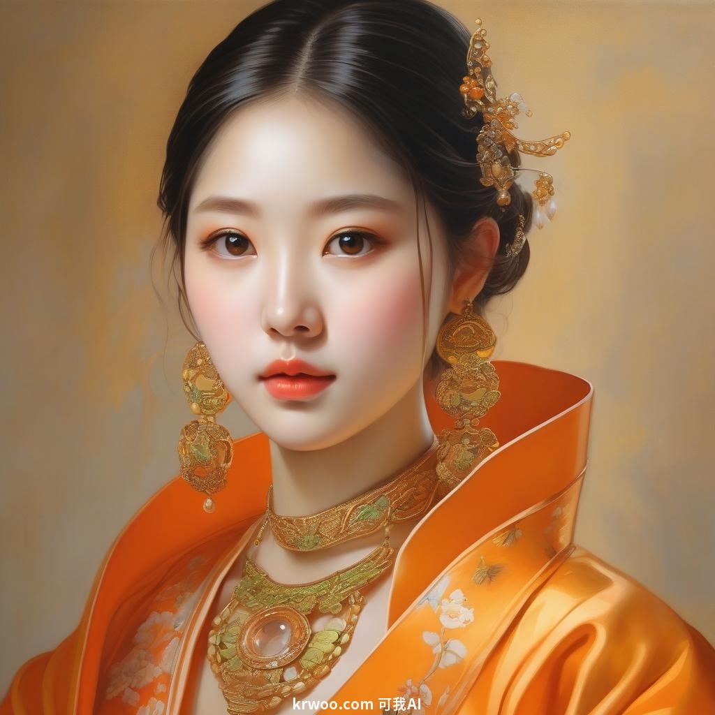 AI 油画肖像提示词：穿橙色服装的女孩肖像特写