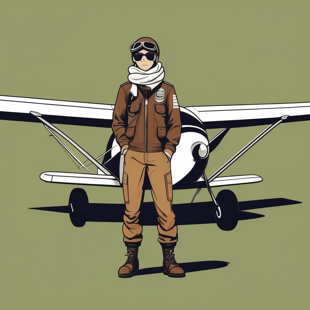 2D复古飞行员Q版男孩插画，棕色皮夹克与护目镜，极简动漫风