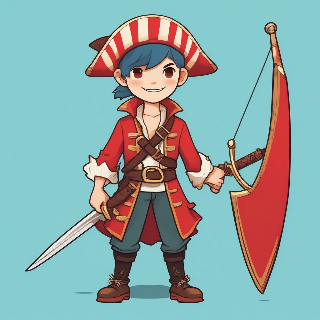 2D航海冒险家Q版男孩插画，海盗主题，极简线条全身展示