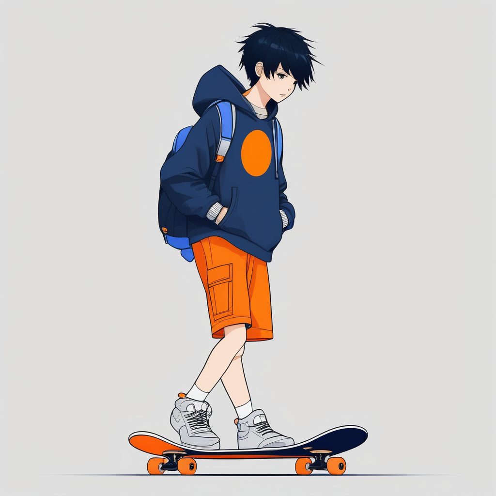 2D极简插画：街头滑板少年Q版全身像，日系可爱风AI提示词