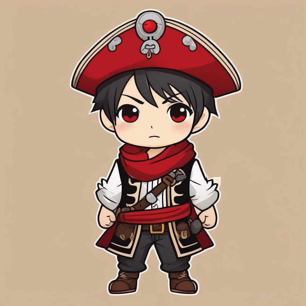 2D极简风Q版海盗男孩插画：红黑配色与米色背景
