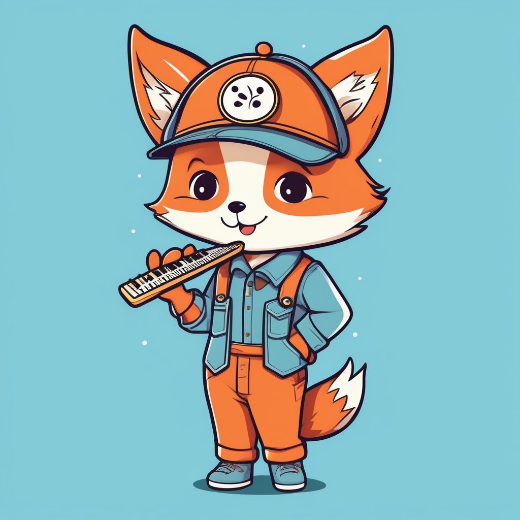 2D极简风Q版狐狸音乐家男孩插画：可爱全身站立动漫角色提示词