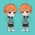 2D极简风Q版滑板男孩插画:动感橙发与青色背景 4 2d ji jian feng q ban hua ban nan hai cha hua dong gan cheng fa yu qing se bei jing