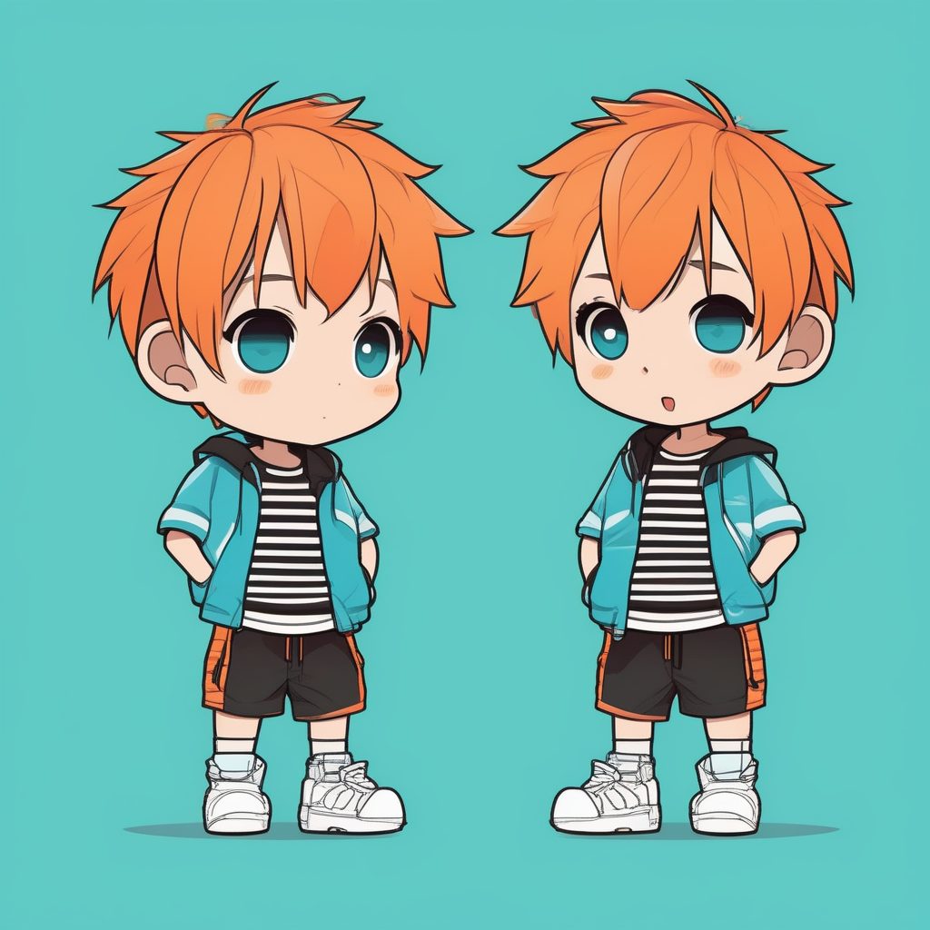 2D极简风Q版滑板男孩插画：动感橙发与青色背景