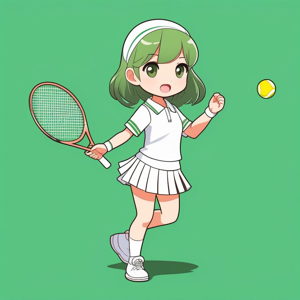 2D极简风Q版网球运动员女孩插画：运动白裙与网球绿背景