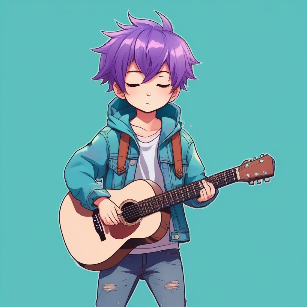 2D极简风Q版音乐家男孩插画：紫色头发与吉他