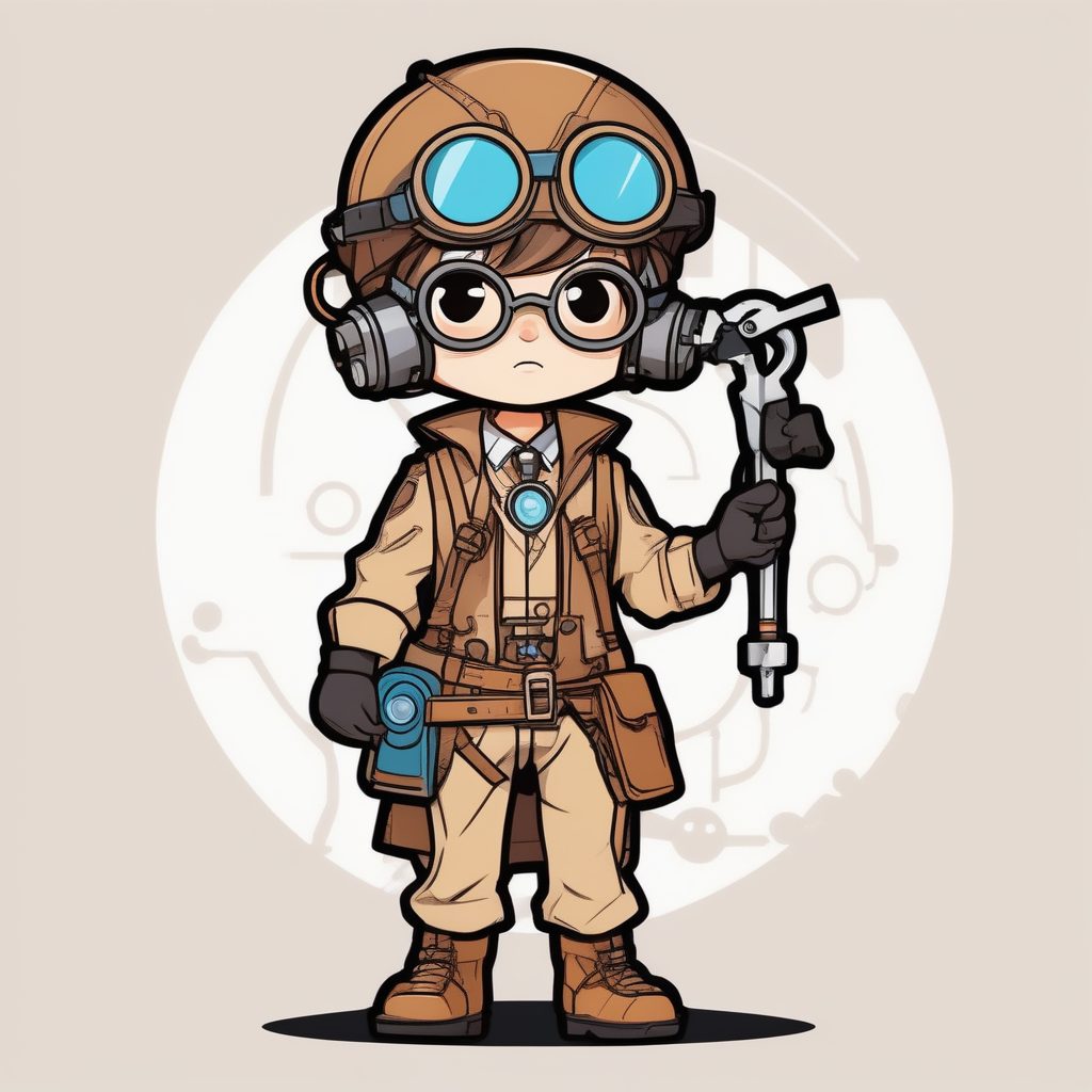 2D极简卡通Q版蒸汽朋克发明家AI提示词：男孩全身站立动态