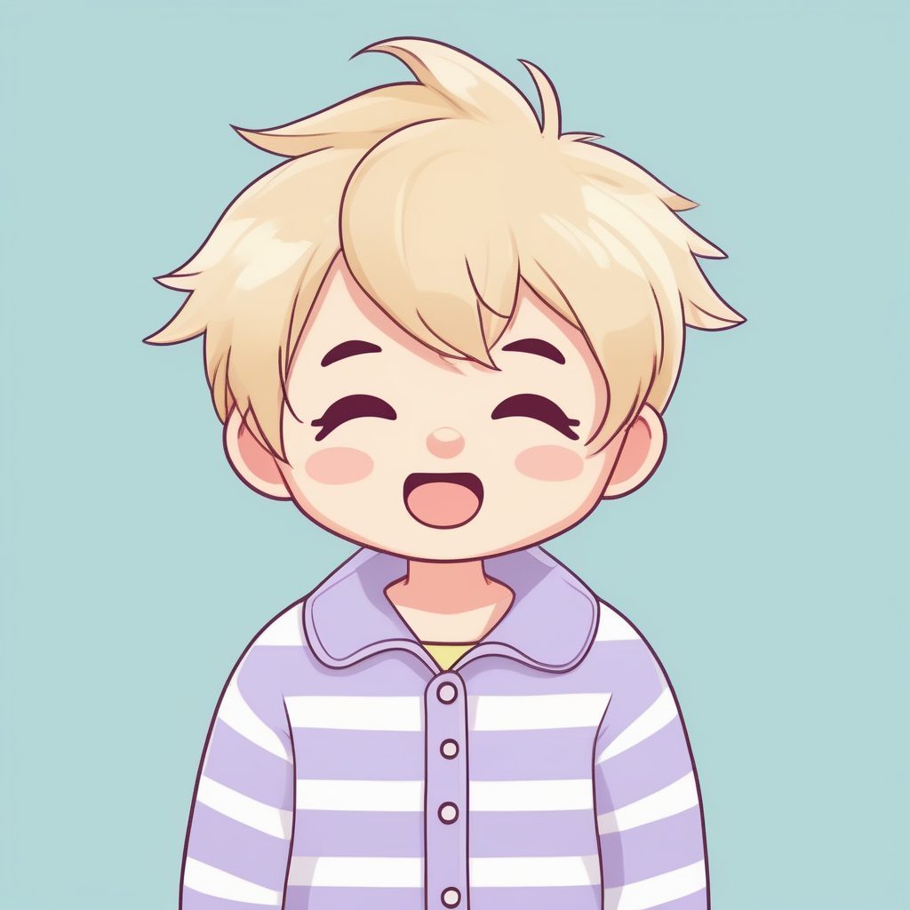 2D极简Q版动漫男孩：睡眼惺忪与条纹睡衣插画