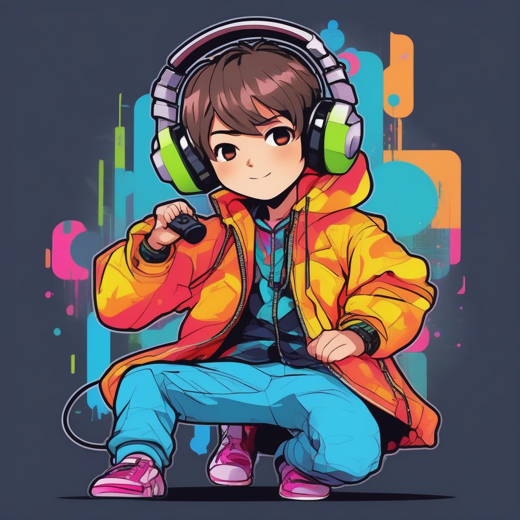 2D极简Q版复古游戏主播男孩：全身站姿卡哇伊动漫提示词