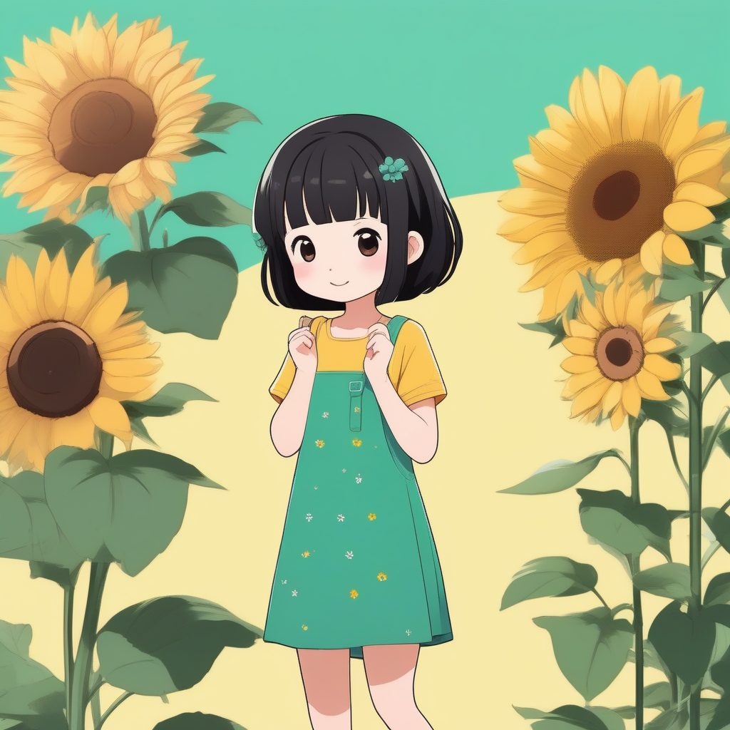 2D极简Q版可爱少女插画：短黑发与向日葵全身立绘提示词