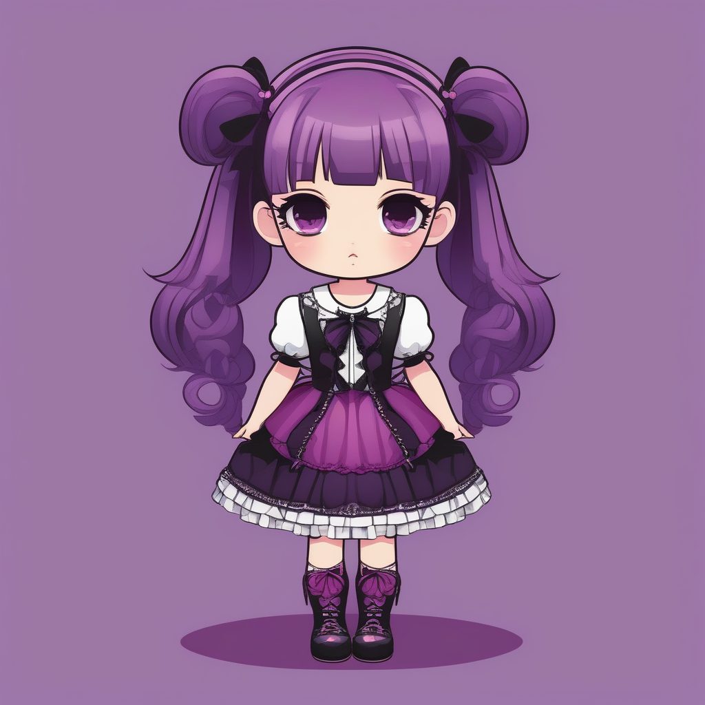 2D极简Q版紫发哥特萝莉插画提示词：高饱和度矢量艺术技巧