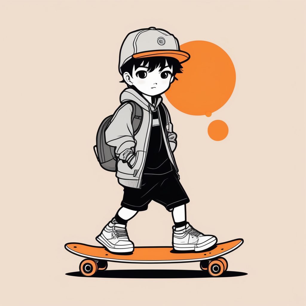 2D街头滑板少年：Q版男孩全身潮流插画，活力橙色背景AI提示词