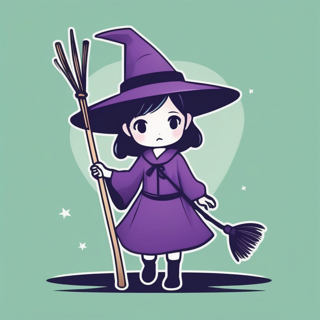 2D卡哇伊：紫色魔法少女Q版全身插画，极简线条设计，高饱和度