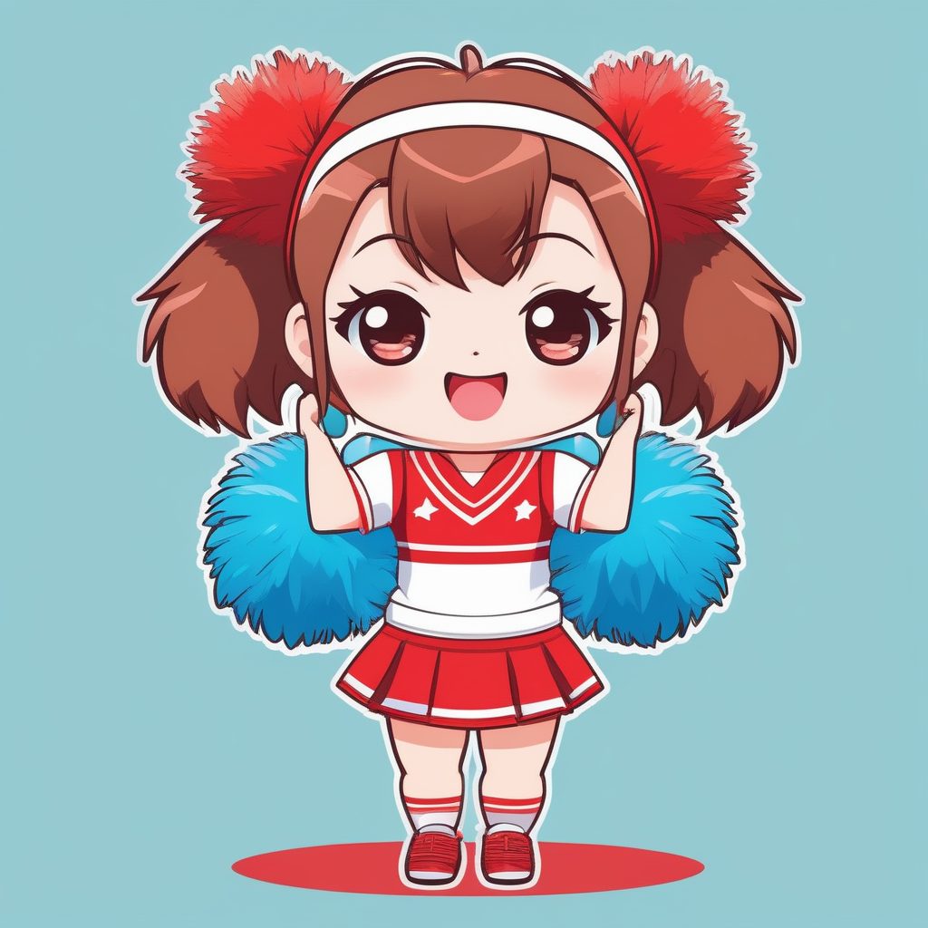 2D啦啦队女郎：高饱和Q版女孩全身插画，热情红色背景AI提示