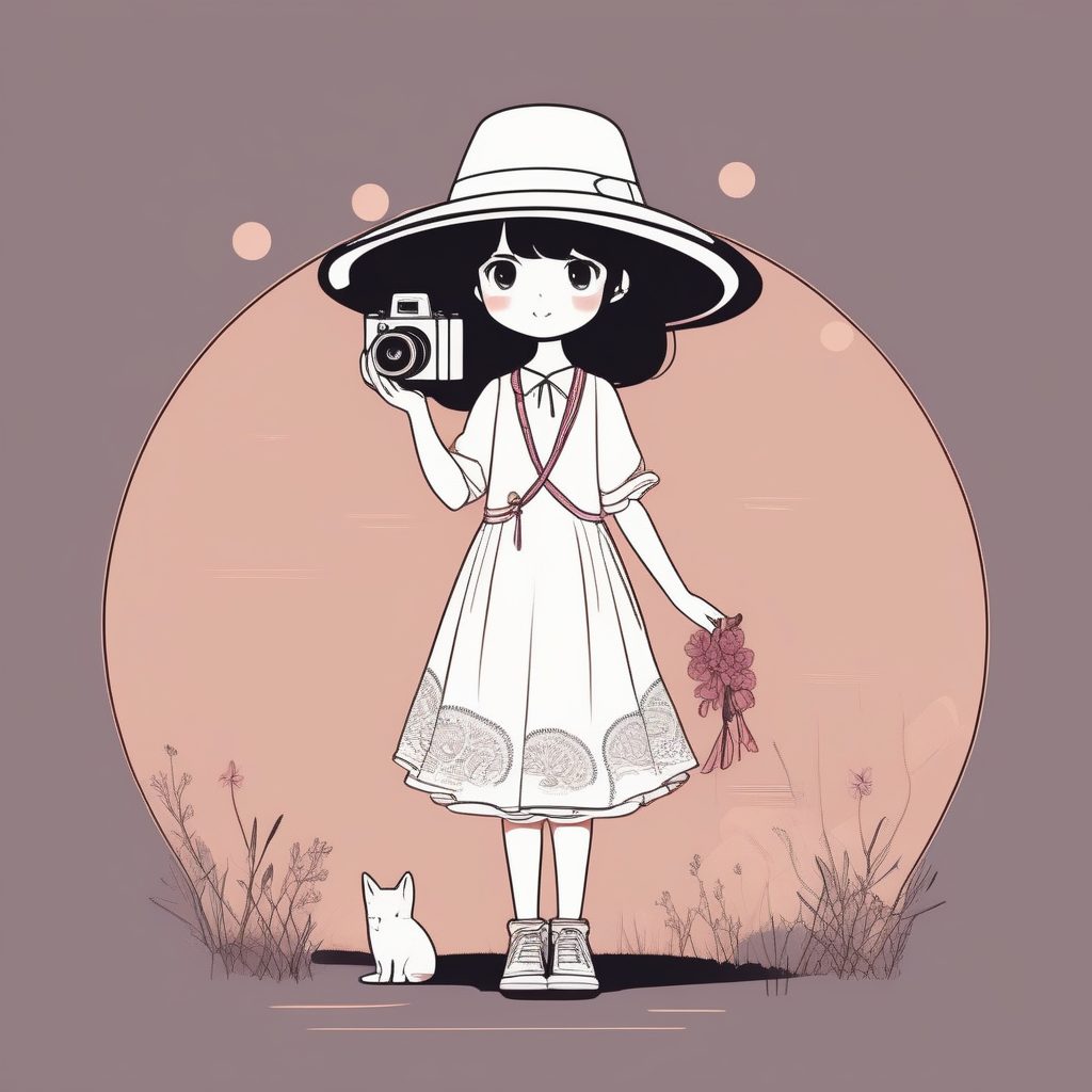 2D摄影师Q版女孩全身插画，相机与波西米亚风格，高对比度