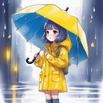 2D水彩风Q版雨衣女孩插画:黄色雨衣与纯色背景 2 2d shui cai feng q ban yu yi nyu hai cha hua huang se yu yi yu chun se bei jing