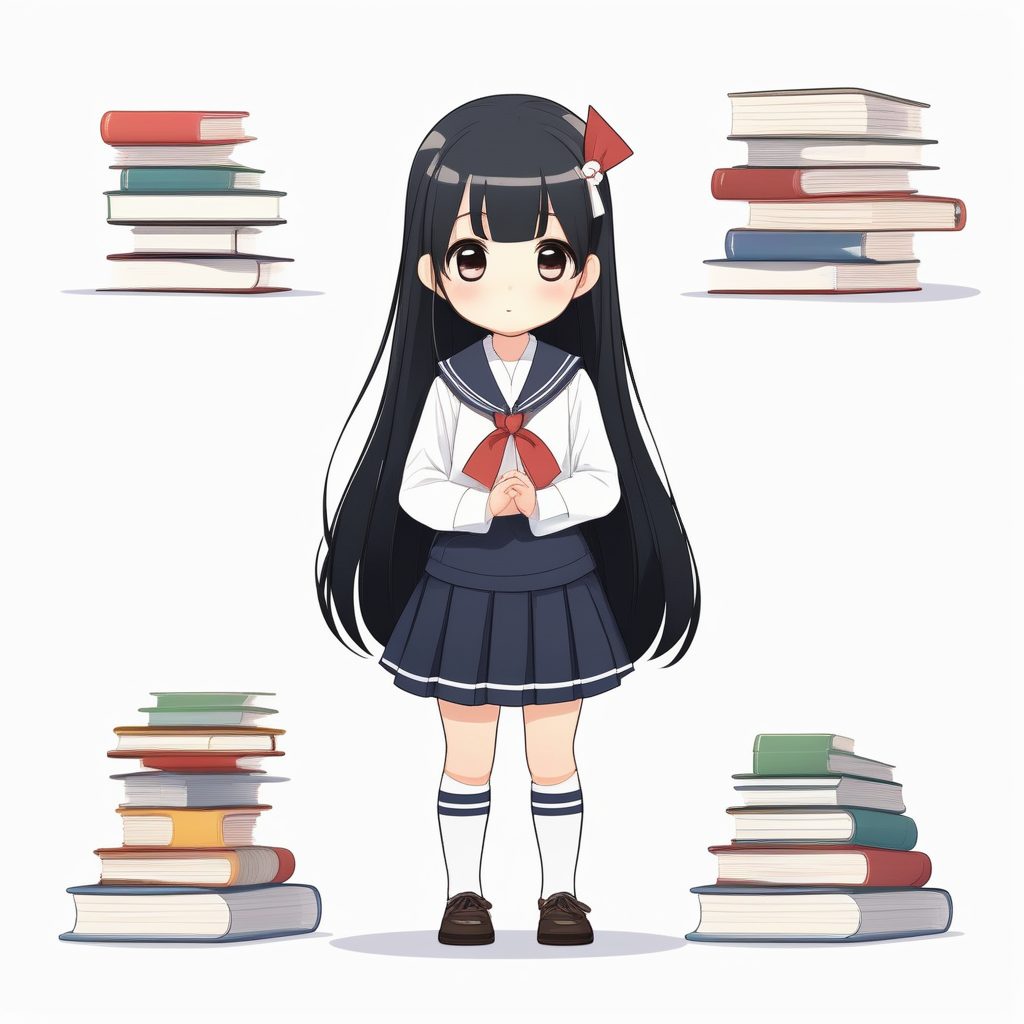 2D校园风Q版动漫女孩：水手服与教科书插画