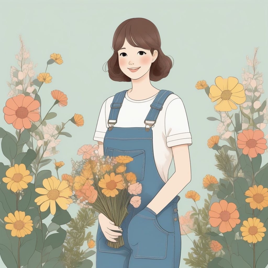 2D园丁女孩Q版全身插画,蓝色工装裤与手持鲜花,田园风 63 2D园丁女孩Q版全身插画,蓝色工装裤与手持鲜花,田园风