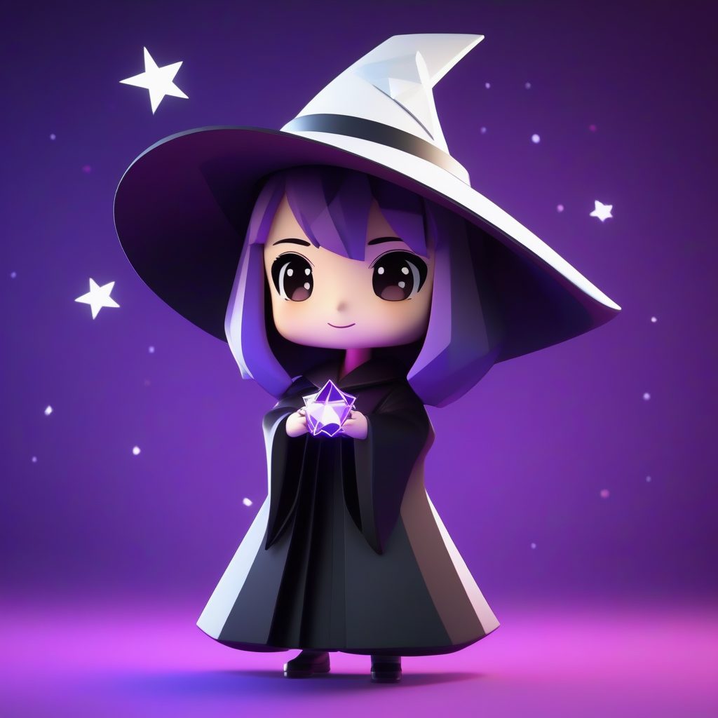 3D低多边形风格Q版魔女：纯紫色背景游戏角色卡片提示词