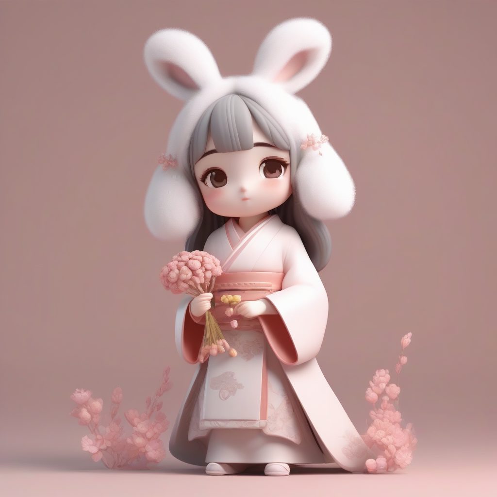 3D雕塑感：抱着毛绒白兔的极简主义Q版少女盲盒