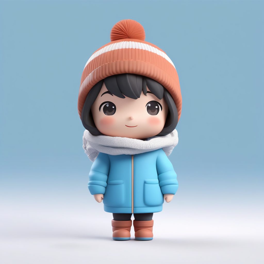 3D冬季雪景Q版男孩：针织帽与长围巾粘土模型