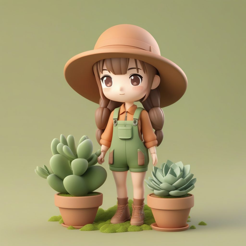 3D多肉植物主题Q版女孩：园艺帽与仙人掌粘土模型