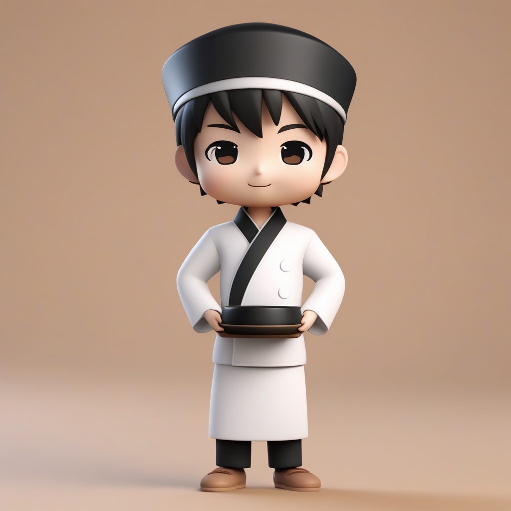 3D极简Q版男孩模型：寿司厨师与传统制服渲染图