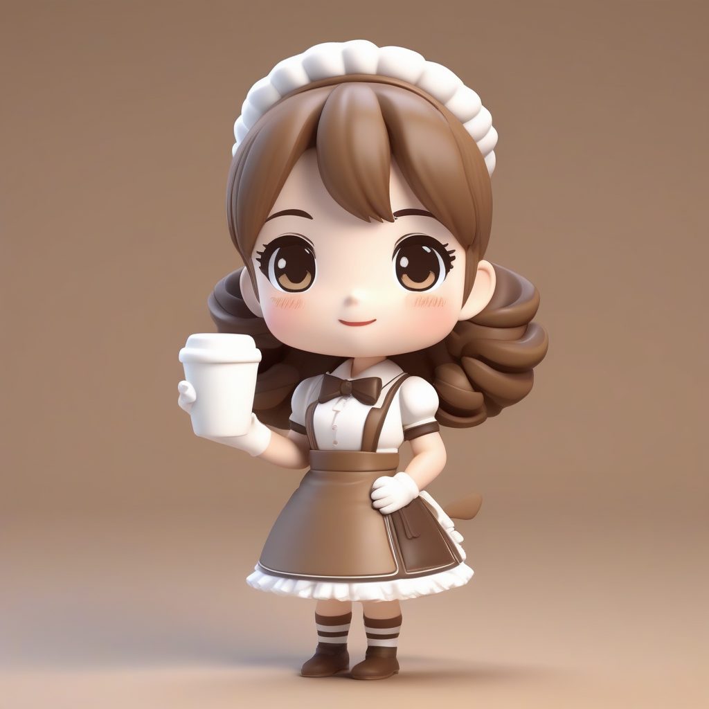 3D咖啡店女仆：粘土盲盒Q版女孩全身图，拿铁色背景AI提示词