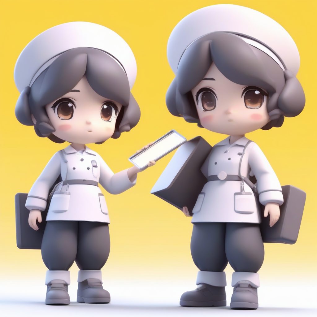 3D卡通Q版护士：沉思记录者，拿着巨大病历夹的站姿图