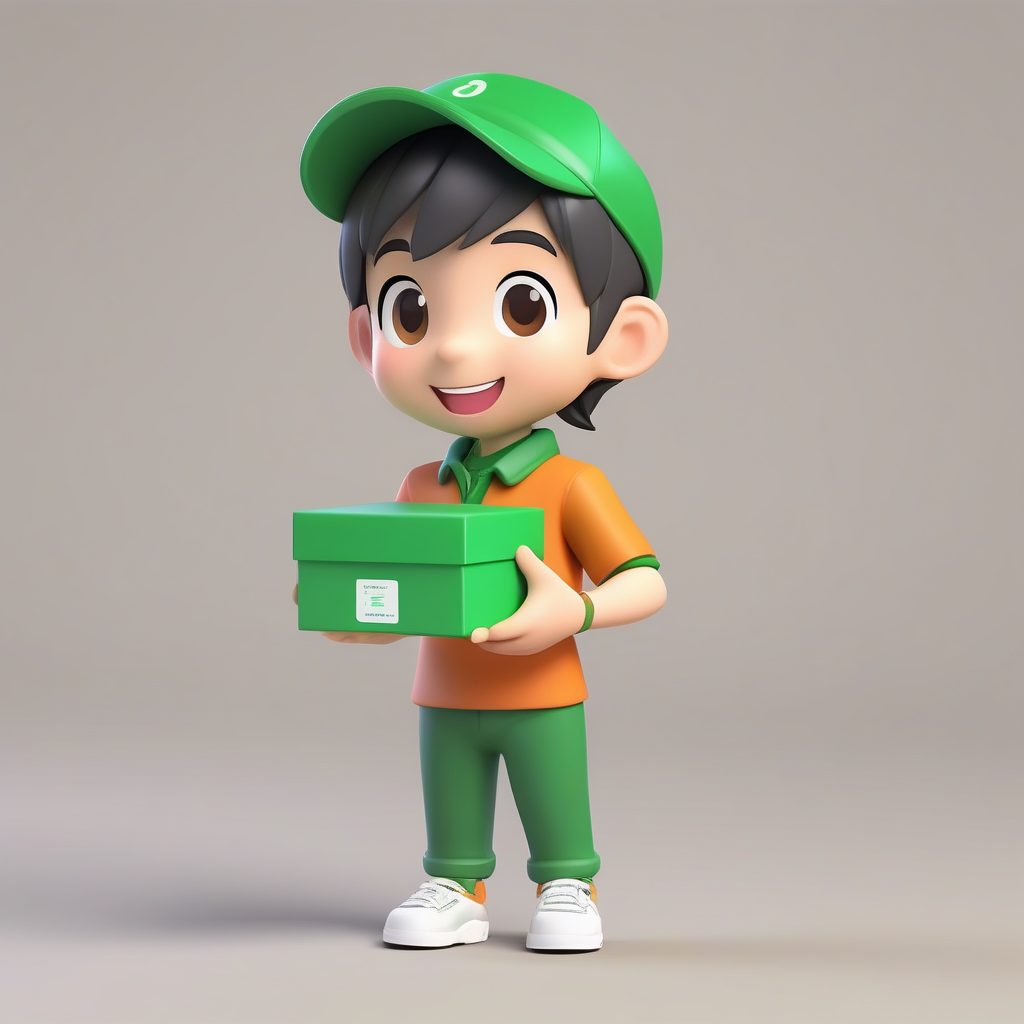 3D快递员Q版男孩全身雕塑，工作服与包裹，C4D商业主题渲染