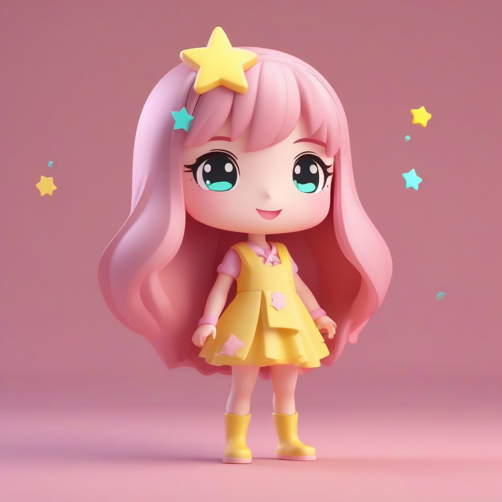 3D盲盒风Q版粉发女孩AI绘画提示词：极简可爱粘土角色设计