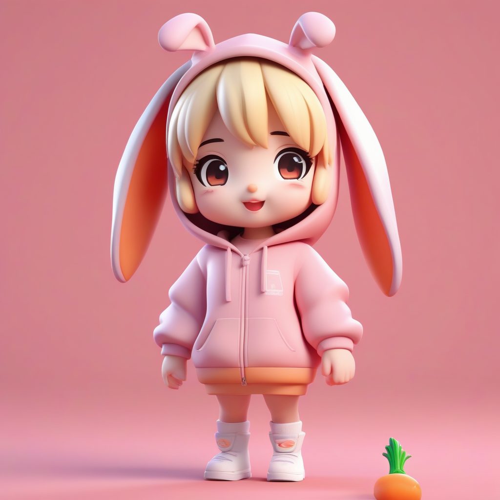 3D盲盒风Q版兔耳少女：粉色连帽衫角色设计
