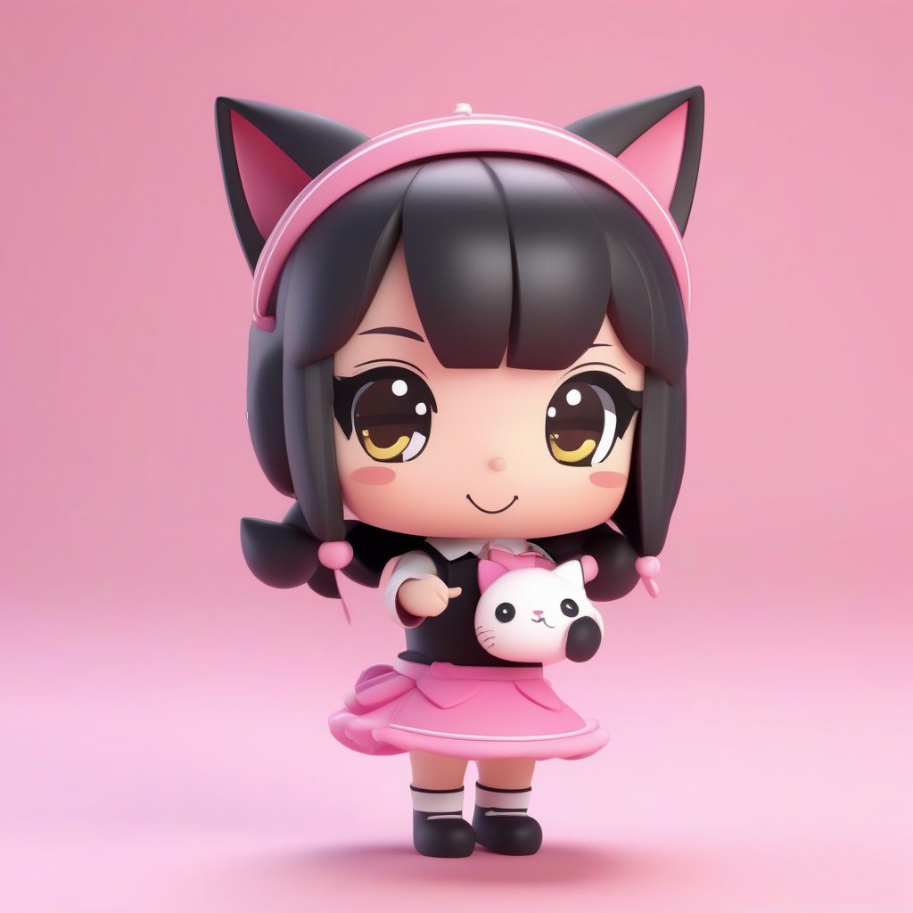 3D盲盒黏土风Q版猫娘女仆：粉色系极简动漫角色绘画提示词