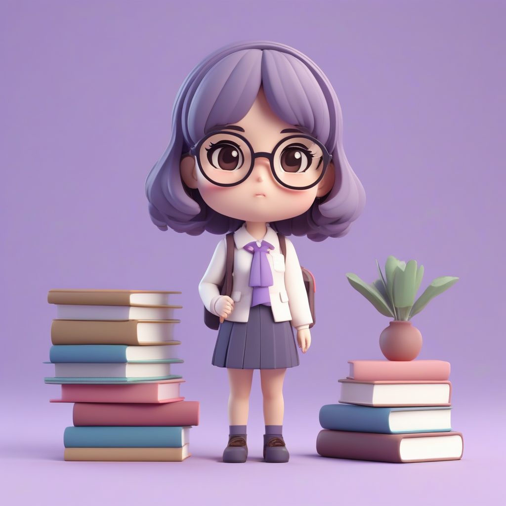 3D盲盒粘土：极简Q版书呆子女孩全身立绘与堆叠书籍