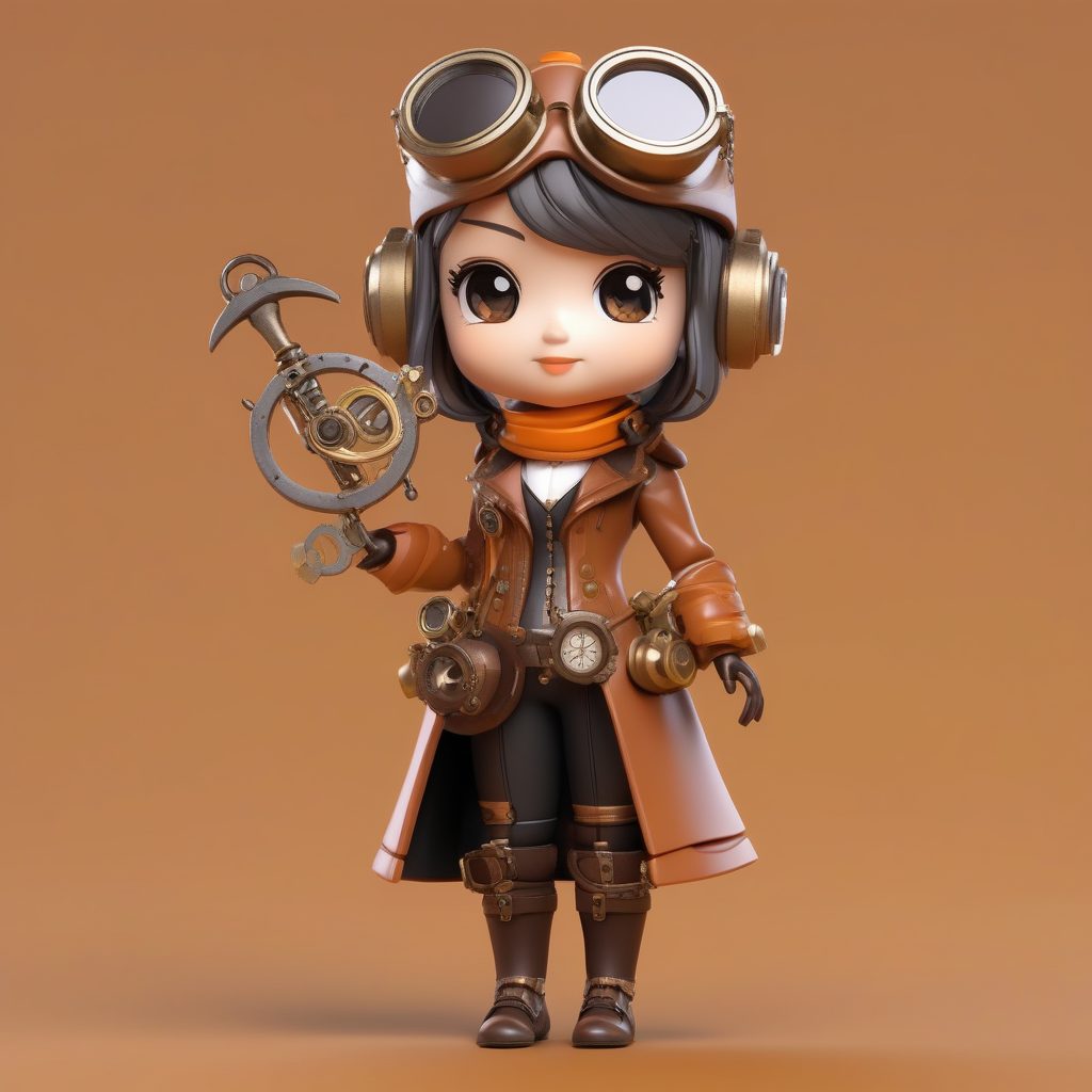 3D盲盒粘土Q版蒸汽朋克发明家女孩：全身站立与工具细节