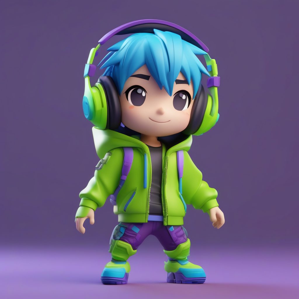3D盲盒Q版电竞男孩模型：霓虹绿装备与蓝色发型