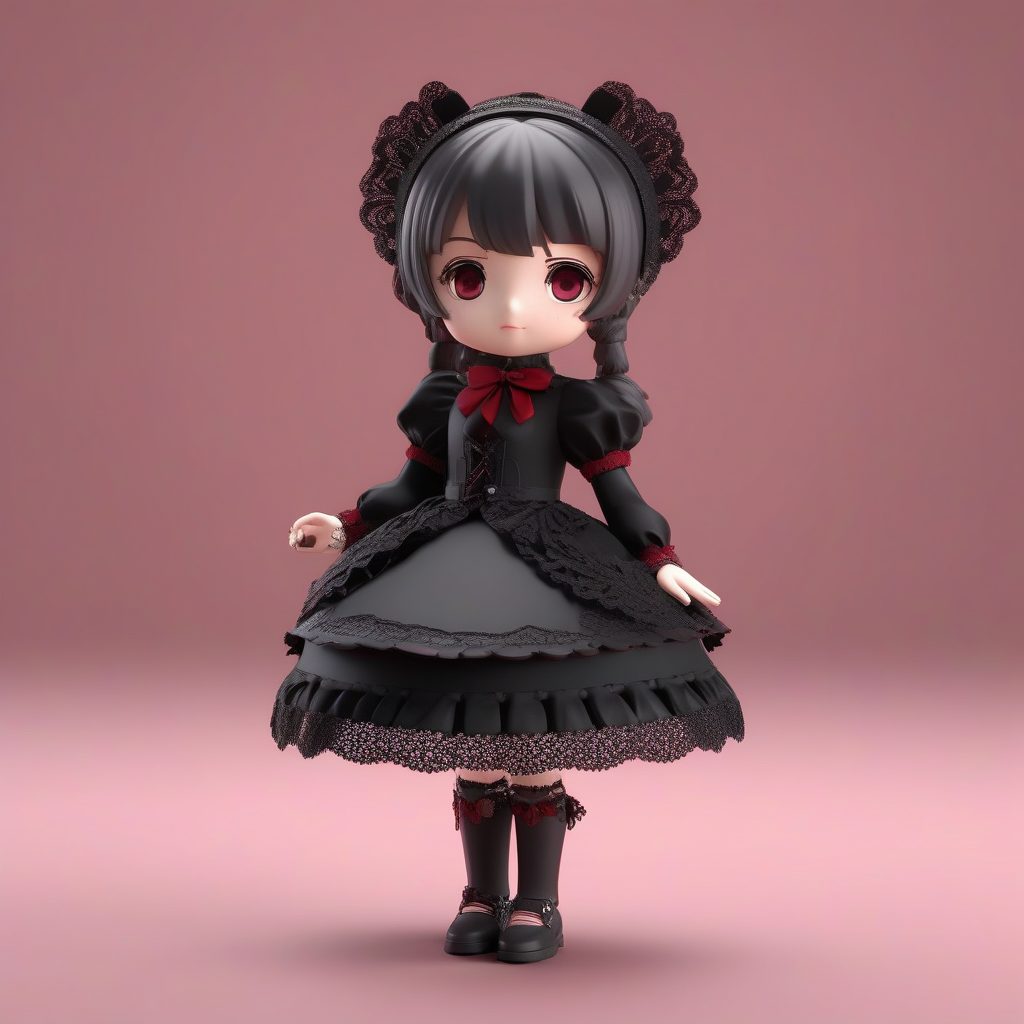 3D盲盒Q版歌特萝莉女孩：复杂蕾丝与深红色背景