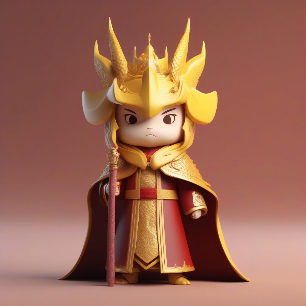 3D盲盒Q版古代皇帝：穿龙袍站立，高贵庄重，纯深红背景