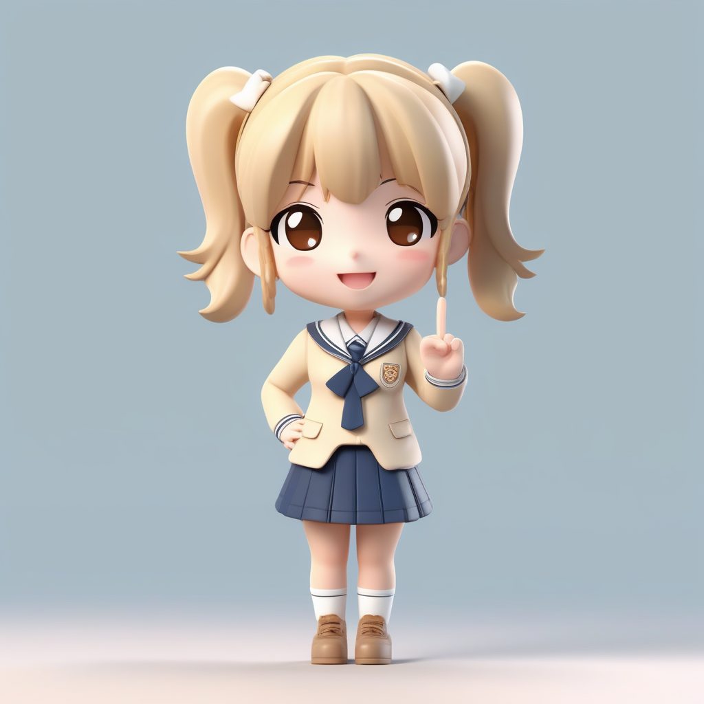 3D盲盒Q版金发制服女孩比耶提示词：C4D粘土模型渲染教程