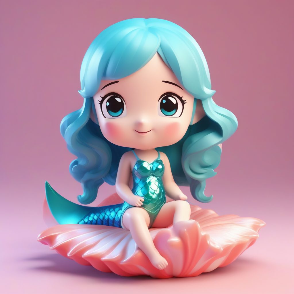 3D盲盒Q版美人鱼女孩模型：闪亮鱼尾与珊瑚粉背景