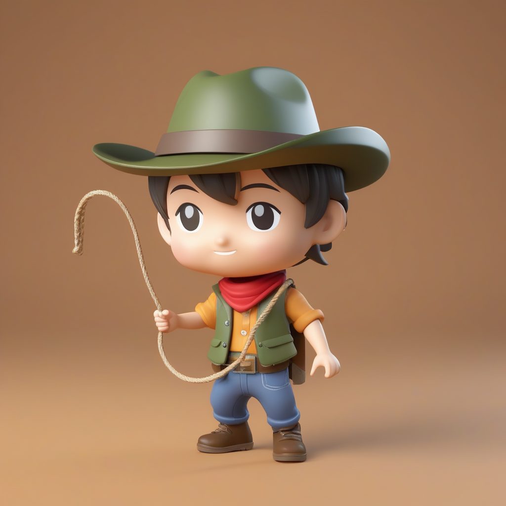 3D盲盒Q版牛仔男孩模型：牛仔帽与橄榄绿背景