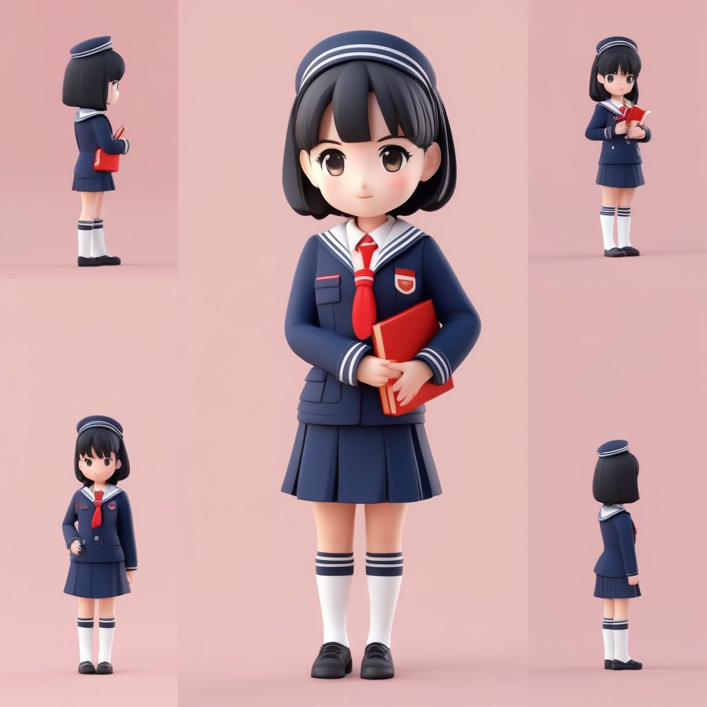 3D盲盒Q版水手服校服女孩AI绘画Prompt：羞涩与全身站姿